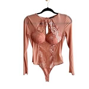 Blashe Sheer Mesh Lace Corset Long Sleeve Festival Bodysuit Pink Coral Size Sm